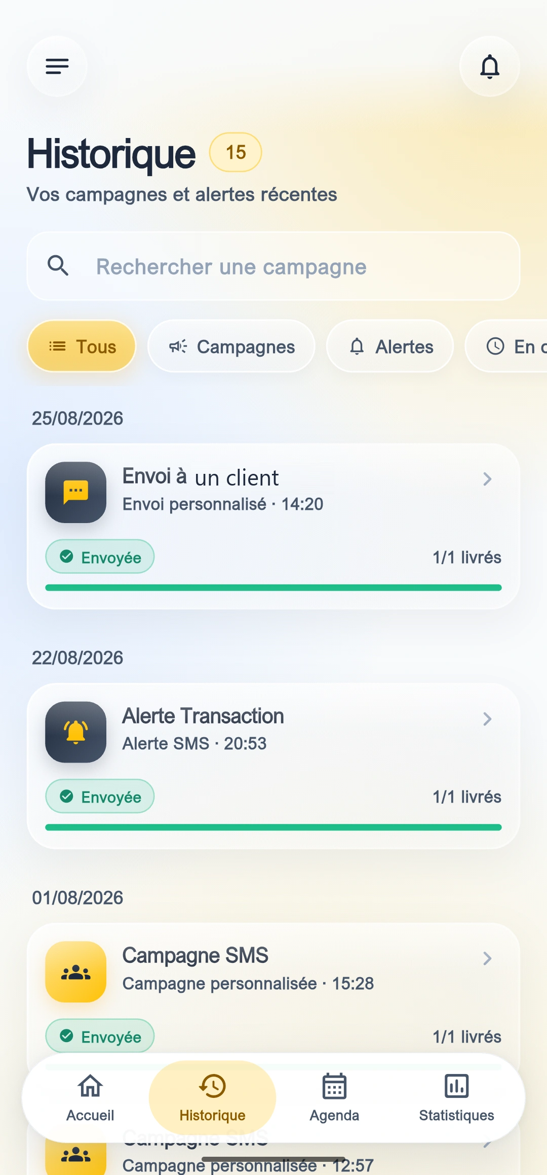 Historique des campagnes et alertes envoyées