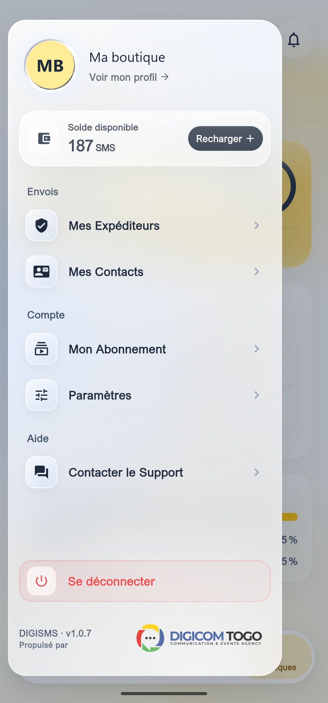 Menu du compte : expéditeurs, contacts, abonnement